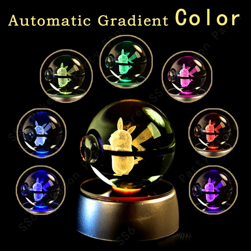 Pokemon Crystal Ball 3D Pikachu Gengar Mewtwo Night Light Lamp Pokeball 3D Glass Pokemon Crystal Ball Statue Kids Birthday Gift